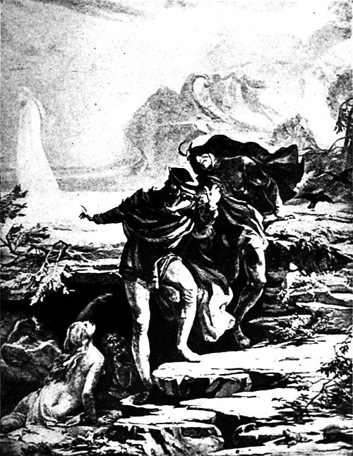 Black and white reproduction of a painting, featuring a man and an old woman in the fore-ground, in rocky woodland, more women supine to one side at their feet and another woman in the background.