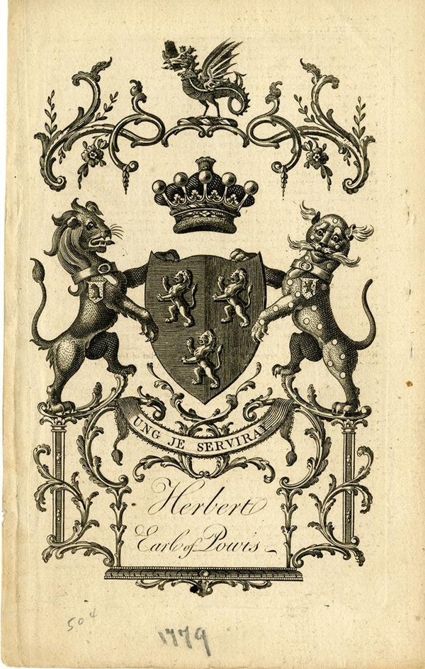 A bookplate showing the coat of arms for the Earl of Powis (2nd Creation)