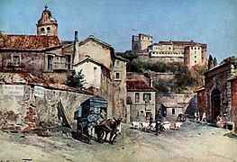 Borgo Angelico e il campanile della chiesa in un acquarello di Ettore Roesler Franz (1880 circa)