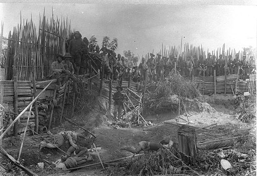 The infamous photograph of the Koetö Réh rebel stronghold in Alasland after the KNIL troops destroyed it that swayed Dutch public opinion against Van Daalen's brutal approach during the final stages of the Aceh War.