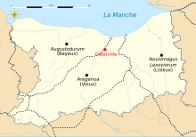 Localisation de la commune de Giberville sur la carte du Calvados, avec en filigrane les délimitations de circonscriptions administratives romaines