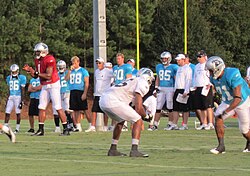 Quarterback Cam Newton and the Carolina Panthers participate in training camp at Wofford College in 2011. Carolina Panthers training camp.jpg