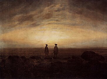 Peinture aux teintes sombres représentant les silhouettes de deux hommes sur un bord de mer rocheux, surmontés d'un ciel nuageux et orangé.