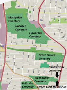 Cemeteries on the western slope of the Palisades in northern Hudson County. Cemeteries In North Bergen.png