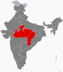Chhattisgarh and Madhya Pradesh within India. Before the reorganization act, the whole area in red was Madhya Pradesh Central India.svg