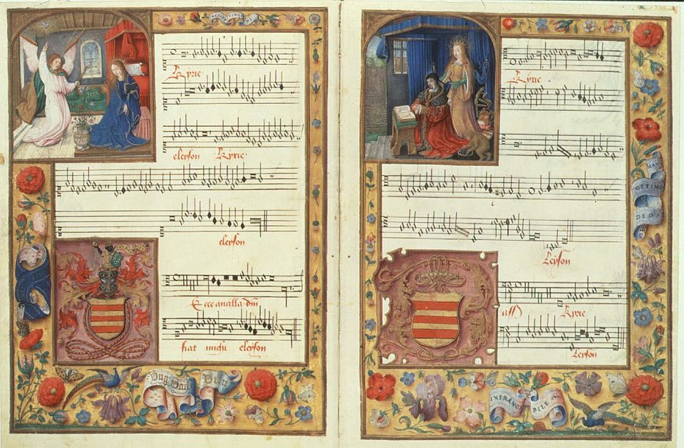 An illuminated opening from the Chigi codex featuring the Kyrie of Ockeghem's Missa Ecce ancilla Domini