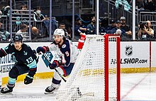 Provorov (right) and Brandon Tanev of the Seattle Kraken in a game in 2024. Columbus Blue Jackets at Seattle Kraken - 2024-01-28 - Brandon Tanev and Ivan Provorov (53502116097).jpg