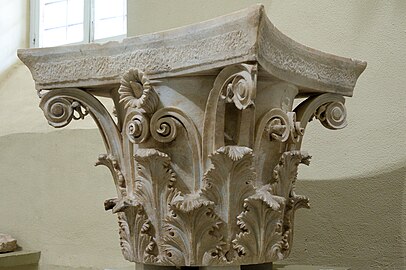 Ancient Greek Corinthian capital from the tholos at Epidaurus, Archaeological Museum of Epidaurus, Greece, said to have been designed by Polyclitus the Younger, c.350 BC[13]