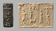 Cylinder seal with deities, one of them being on a winged lion; 8th-7th century BC; cryptocrystalline quartz; 4.09 cm; Metropolitan Museum of Art (New York City) Cylinder seal and modern impression- scorpion-man, deities, one on winged lion MET DP-13006-001 (cropped).jpg