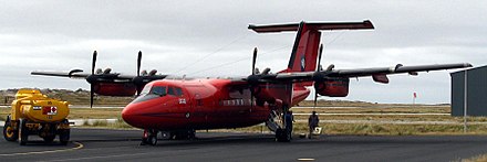 The BAS Dash-7 at Port Stanley Airport on the Falkland Islands.