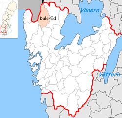 Община Далс-Ед на картата на лен Вестра Йоталанд, Швеция