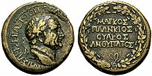 Coin struck under Varus, showing the profile of Emperor Vespasian, and the inscription "Marcus Plancius Varus Proconsul" in Greek Define Vadisi 3.jpg