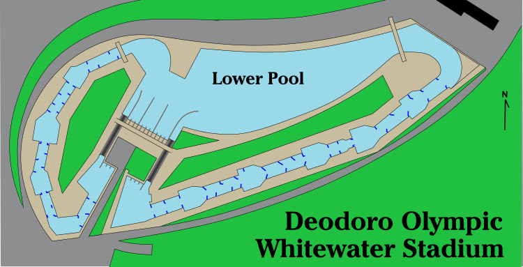 Plan view of the pump-powered canoe slalom venue for the 2016 Olympic Games. Deodoro Olympic Whitewater Stadium.svg