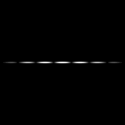 Das Leistungsdichtespektrum des vertikalen Doppelspalts. Nur die Ortsfrequenzen, die exakt in horizontaler Richtung liegen, tragen zur Kontrastübertragung bei. Die Ortsfrequenz null befindet sich in der Mitte der Beugungsbilder und nimmt radial in alle Richtungen zu.