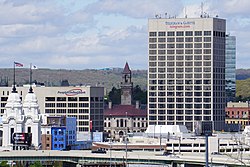 Downtown Worcester, with Worcester Regional Airport terminal in the background