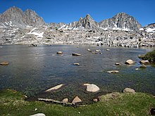 Dusy Basin includes many small lakes, such as this one, carved by glaciers from granite. Dusy Basin in Kings Canyon1.jpg