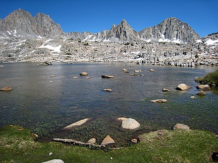 Dusy Basin includes many small lakes, such as this one, carved by glaciers from granite.