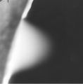 Air gas jet through 100 micron aperture into ESEM chamber held at 200 Pa, image taken with gaseous detection device, 15 kV