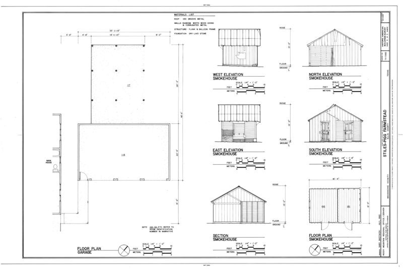 File:Elevations, Floor Plan and Section of Smokehouse and Floor Plan of Garage - Stiles-Pigg Farmstead, 1.7 miles northeast of the intersection of Bakers Branch and Old Maypearl HABS TX-3382 (sheet 4 of 5).png