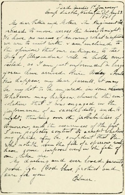 Last letter written by Elmer Ellsworth (dated May 23, 1861)