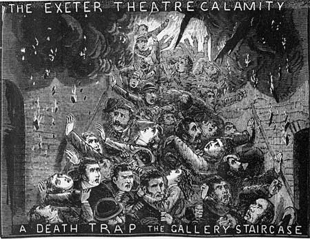 An illustration in Police Illustrated of the Exeter Theatre Royal fire, showing the stairway where many died