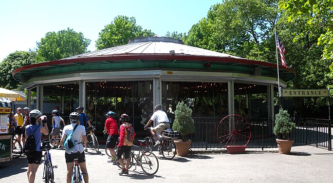 The carousel is now located in a small amusements area near the zoo in Flushing Meadows-Corona Park.