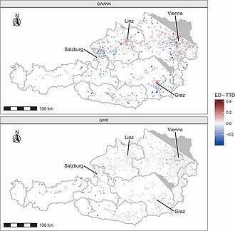 Difference in predicted house prices within the states of Austria, from a GWR and a GWNN whose the weighting metrics respectively use the Euclidean distance (ED) and travel time distance (TTD) GWNN and GWR prediction differences.jpg