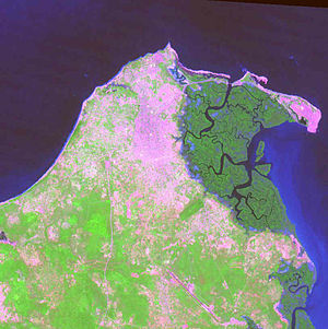 Ostrov Panny Marie (pravá fialová oblast) z vesmíru