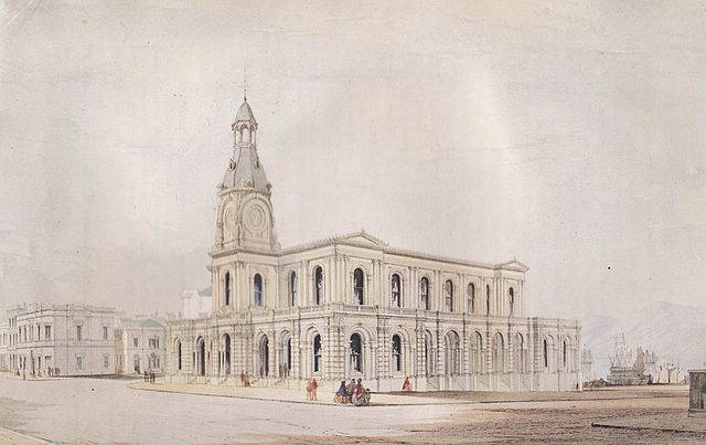 George O'Brien's c. 1865 watercolour of the Dunedin Post Office, designed by William Mason