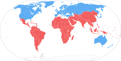 World map showing a traditional definition of the North-South divide (red countries in this map are grouped as "Global South", blue countries as "Global North") Global North and Global South.svg