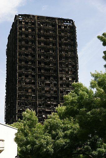 Grenfell Tower two days after the fire broke out