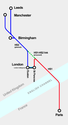 Diagram showing the destinations of HS1 & HS2 in the UK and France with the proposed link (not to scale) HS1-HS2 connection outline.png