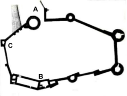 Plan of Hadleigh Castle in the late 14th century, based on the 1862 excavations: A - barbican entrance; B - royal apartments; C - postern gate Hadleigh plan.png