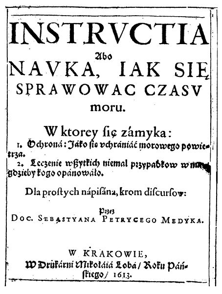 Book of Sebastian Petrycy published in Kraków in 1613 about prevention against "bad air".