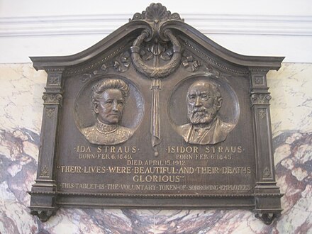 The Ida and Isidor Straus Memorial Plaque mounted in the Manhattan Macy's