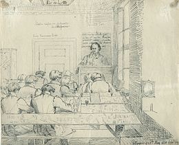 Jacob Grimm lecturing (illustration by Ludwig Emil Grimm, c. 1830) Im Kolleg bei Jacob Grimm 1830.jpg
