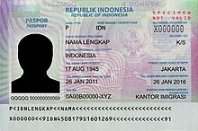 Indonesian adult passport with five-year validity Indonesian passport data page.jpg