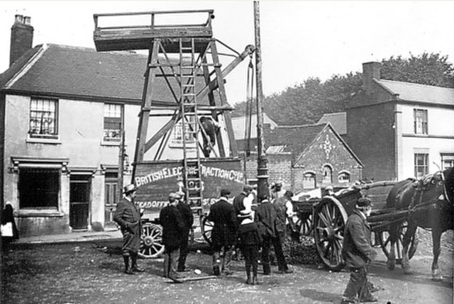 BET wagon used in the installation of overhead tram wires, at Sedgley, circa 1901