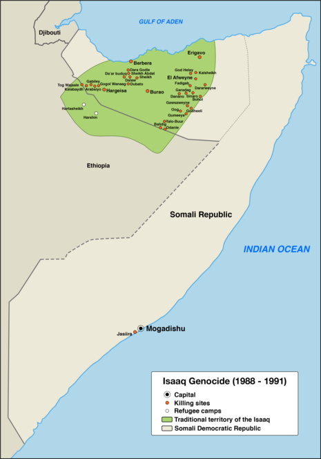 Map of the sites related to the Isaaq genocide Isaaq genocide map.png