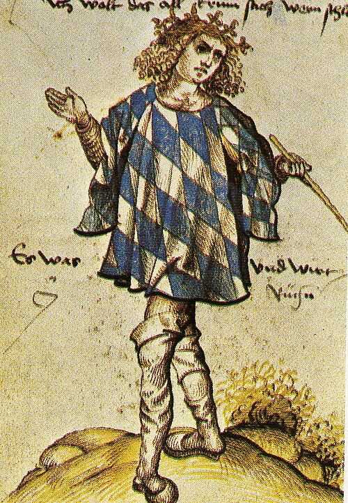 Bavarian herald Jörg Rugen [de] wearing a tabard of the Coat of arms of Bavaria, around 1510.