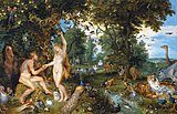 Адам и Ева в райском саду. Около 1615. Дерево, масло. Совместно с Питером-Паулем Рубенсом. Галерея Маурицхёйс, Гаага, Нидерланды