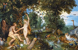 The Garden of Eden with the Fall of Man by Jan Brueghel the Elder and Pieter Paul Rubens, c. 1615, depicting both domestic and exotic wild animals such as tigers, parrots, and ostriches co-existing in the garden Jan Brueghel de Oude en Peter Paul Rubens - Het aards paradijs met de zondeval van Adam en Eva.jpg