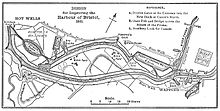 One of Jessop's 1802 plans (not adopted) for the New Cut, as a shorter addition south of the western portion of the original harbour Jessop's Plan for the Floating Harbour (not adopted).jpg