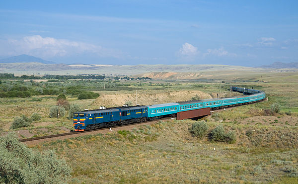 A train crossing the Kazakh steppe