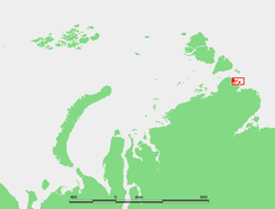 Umístění ostrovů Komsomolskaja pravda na severovýchodním konci poloostrova Taymyr