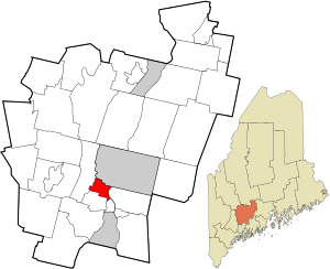 メイン州におけるケネベック郡（右下図）と同郡におけるハロウェル市の位置