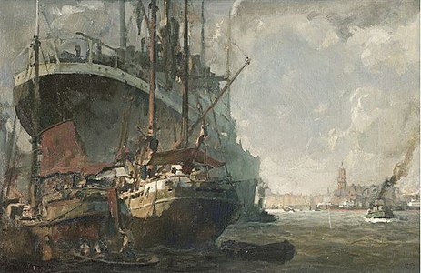 Steamer and Sailing Ship in Hamburg Harbor