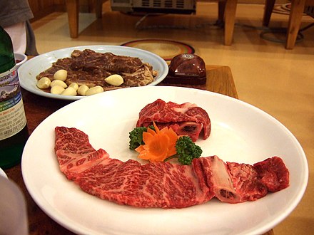 Unmarinated saeng-galbi and marinated yangnyeom-galbi made of hanu (Korean native cattle) beef
