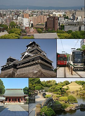 Do topo, da esquerda para a esquerda: Vista da parte central de Kumamoto a partir do Castelo de Kumamoto, Castelo de Kumamoto, Kumamoto City Tramway, santuário Fujisaki hachimangu, Jardim Suizenji jojuen