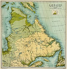 Carte de la péninsule du Labrador vers 1910 par John George Bartholomew (en) sans le lac Joseph.